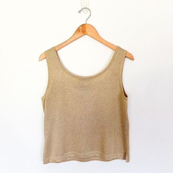 St. John Basics Vintage Women’s Gold Metallic Lightweight Santana Knit Scoop Nec - Picture 2 of 6